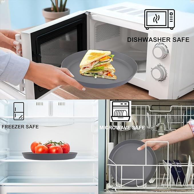 EI 16pcs Wheat Straw Dinner Plates Set,Unbreakable Plastic Plates,Reusable Lightwight Plastic Plate,Party Plate for Halloween,Family Dinners, Picnics, School-Black,White,Dark Grey,Beige