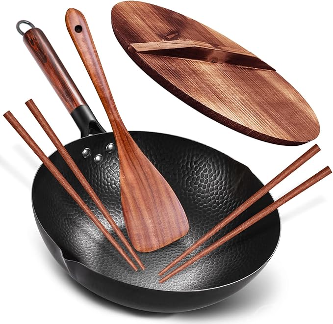 Carbon Steel Wok Pan, 5 Piece Authentic Chinese Wok & Stir-Fry Pans Set with Wooden Lid, No Chemical Coated Flat Bottom Chinese Woks Pan for All Stoves-13“