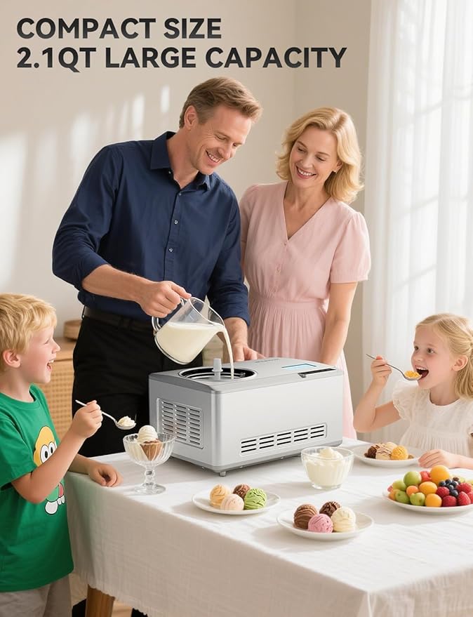 Ice Cream Maker, Fastest Freezing 2.1QT Ice Cream Machine with Built-in Compressor Easy Operate & Clean Automatic Ice Cream Maker Machine All Stainless Steel, LCD Display