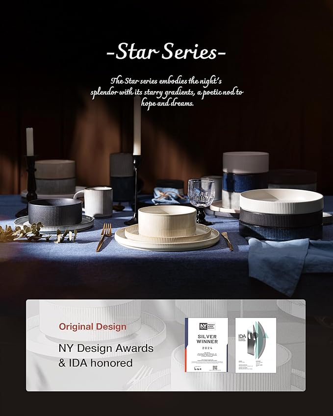 famiware Star 7.5" Pasta Bowls Set, Salad Bowl Set of 6, Double Reactive Glaze, Stackable, Perfect for Your Friend for Housewarming, Thanksgiving, Christmas, Matte Dark Charcoal (Full Glaze)