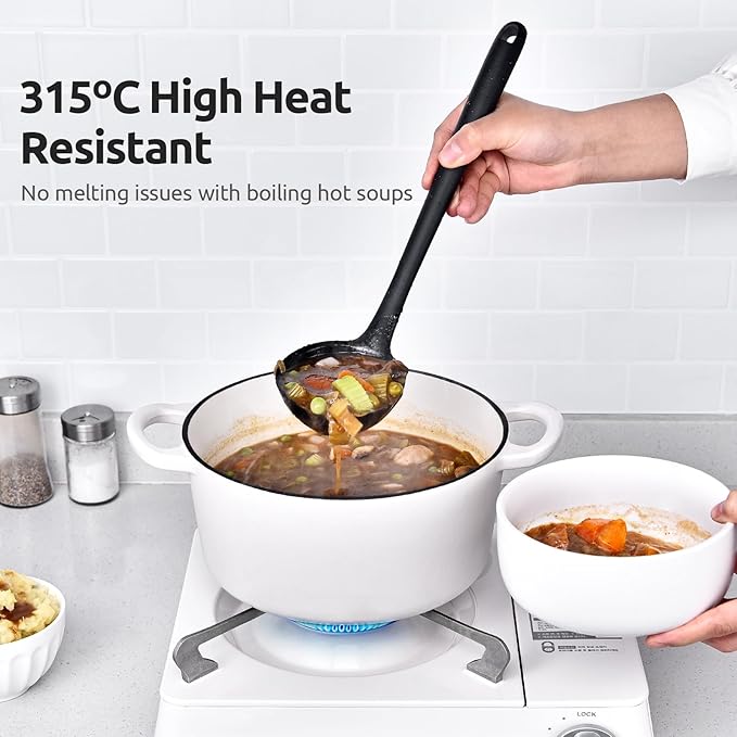 13 inch Silicone Soup Ladle: U-Taste 600ºF Heat Resistant 4 oz Large Non-stick Seamless Rubber Kitchen Deep Serving Spoon with Non Slip Solid Long Handle for Cooking Sauce/Stews/Gravies/Chili(Black)