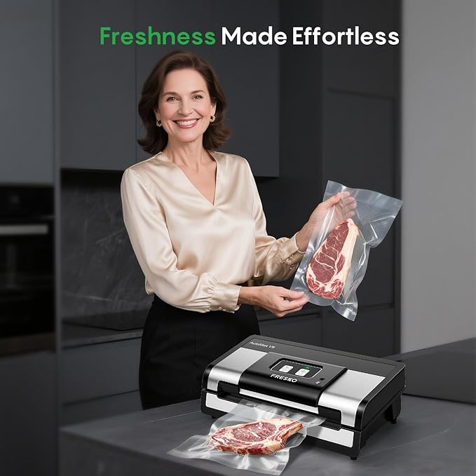 Fully Automatic Vacuum Sealer, 95Kpa Powerful Food Vacuum Sealer Machine, Auto Dry-Wet Detection | Bag Cutter | 2 Rolls Bags | Effortless Operation, Silver - Black