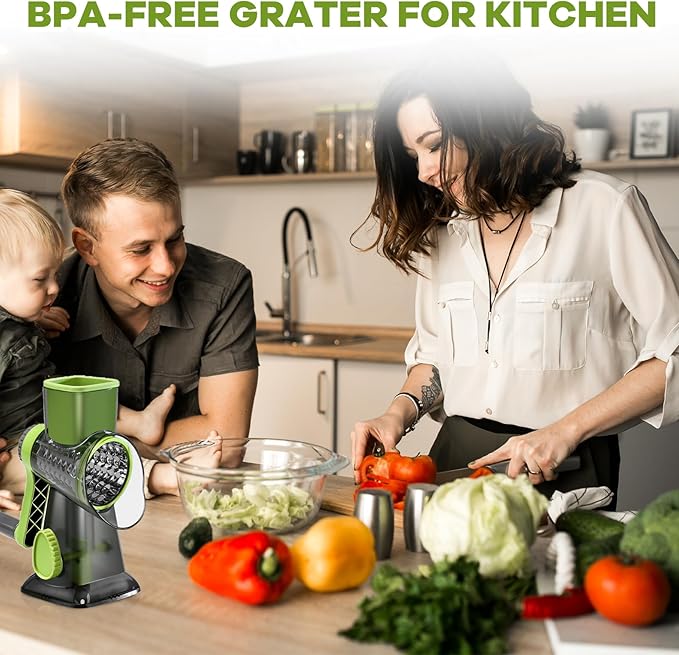 Rotary Cheese Grater with Handle, XinM Cheese Shredder Kitchen Mandoline Vegetable Slicer with 3 Interchangeable Blades, Easy to Clean Rotary Grater for Cheese Potato Nuts Chocolate (Green)