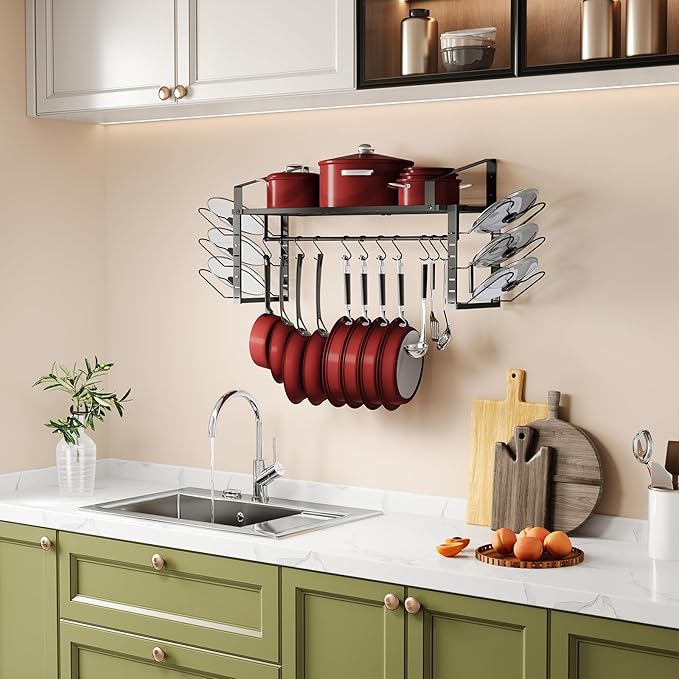 27-Inch Kitchen Pan Pot Rack Wall Mounted-Hanging Pots and Pans Organizer with 12 Hooks and 6 Pot Lid Holders,Heavy Duty Steel Pot and Pan Hanger for Cookware Utensils Storage,Screw-Upgraded Version