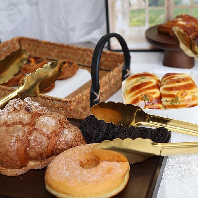 4 Pack 9 Inch Gold Tongs for Serving Food, Gold Serving Tongs Buffet Tong Stainless Steel Utensils, Metal Kitchen Tong for Salad, Steak, Appetizer, Snack and Small Food (4)