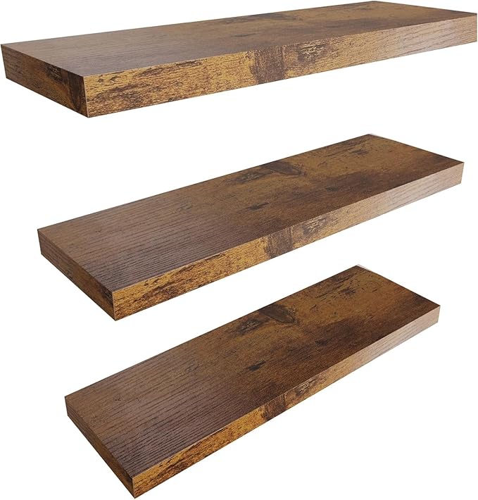 Colima 3-Pack Contemporary Wood Floating Shelves, 24 Inch, Wall-Mounted, 1.3 Inch Thick, 50 lb Capacity Each, Set of 3