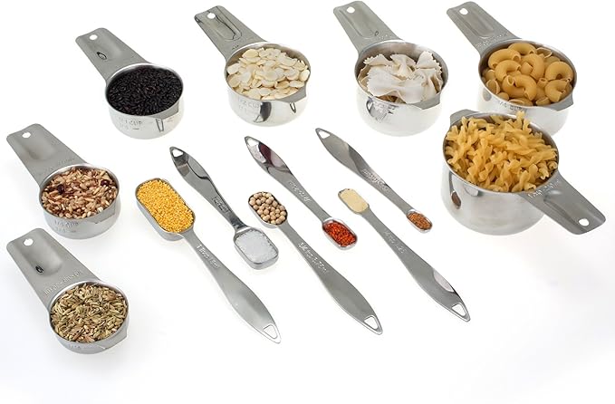 13-piece Measuring Cups and Spoons Set, 18/8 Stainless Steel Heavy Duty Ergonomic Handle with Ring Connector, Silver
