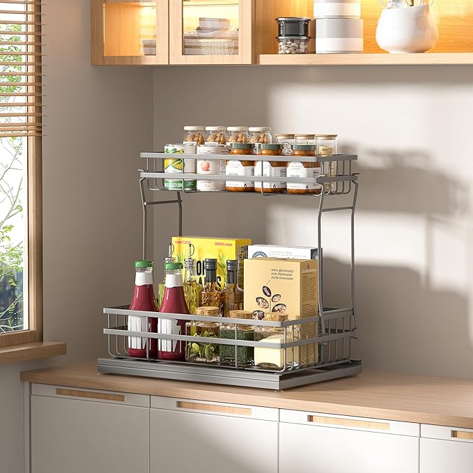 1 Pack Under Sink Organizers and Storage, 2 Tier Pull Out Cabinet Organizer, Metal Sliding Drawer Storage for Kitchen Bathroom,Gray