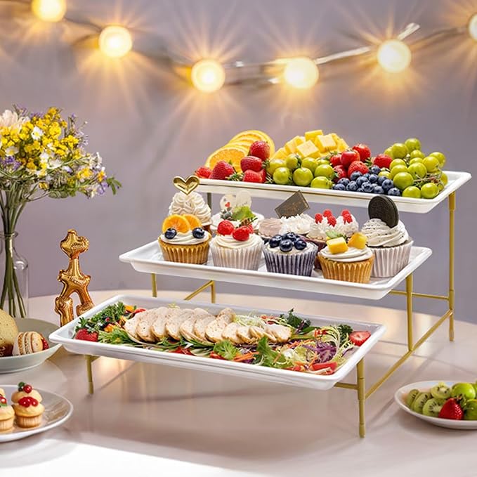 Lifewit Plastic 3 Tier Serving Tray for Party Supplies, 14" x 6.5" Crack-Proof Platters for Serving Food, White Reusable Trays with Yellow Metal Display Stand for Veggie, Fruit, Cookies, Dessert