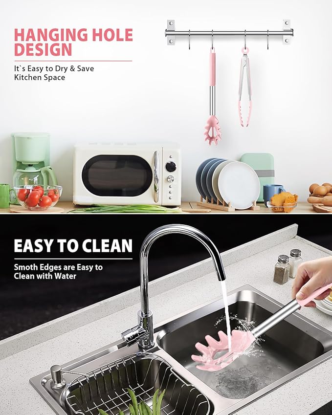 Spaghetti Spoon and Pasta Tong, Non-stick Silicone Spoon Server Fork With Teeth and Stainless Steel Handle, Food Clip for Noodles, Pink