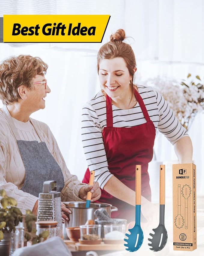 Pack of 2 Spaghetti Spoon, Silicone Pasta Fork with Wooden Handle, Heat Resistant Noodle Spoon Server, BPA Free Spaghetti Strainer(GRAY-BLUE)