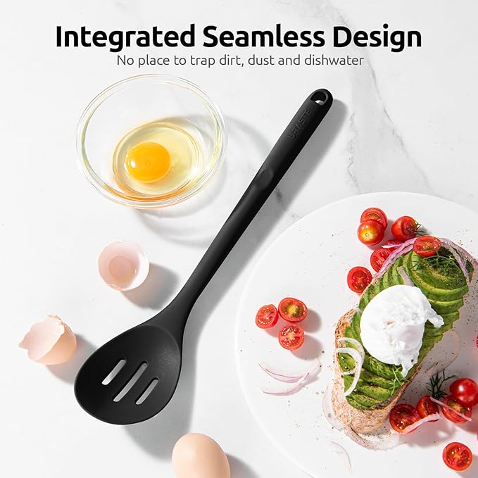 600ºF Heat Resistant Slotted Spoon: U-Taste 13.3in Solid Kitchen Cooking Spoon, Nonstick Food Grade Large & Long Rubber Utensil for Mixing, Serving, Stirring, Basting, Frying, Draining (Black)