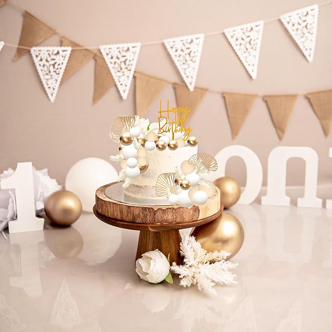 Gyufise 57Pcs Khaki Balls Cake Topper Boho Grass Cake topper Pearl Balls Acrylic Happy Birthday Cake Decorations for Wedding Baby Shower Birthday Boho Themed Party Supplies Khaki White Gold