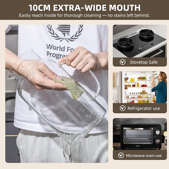 Glass Water Pitcher with Lid and Spout, 1 Gallon Heat Resistant Borosilicate Glass Carafe, Temperature Safe