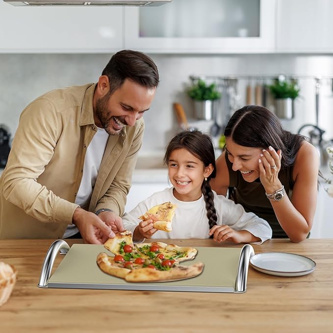 Skyflame 16” Rectangle Pizza Stone and Stainless Steel Rack with Handle, Heavy Duty Baking Stone Ideal for Most Charcoal/Gas Grills, Pizza Oven and Smoker