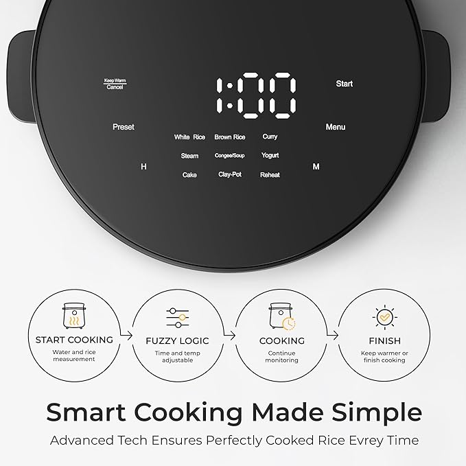 TOKIT Rice Cooker 3 Cup Uncooked/6 Cup Cooked, Nonstick Inner Pot Ceramic Rice Cooker Small,24H Timer Delay & Keep Warm, Portable 9 Preset Functions for Brown Rice, Steam, Soup, Black