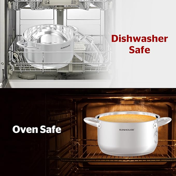 Sunhouse Stainless Steel Stock Pot - 11 Quart Heavy-Duty Induction Cooking Pot with Visible Lid for Pasta, Soup, Spaghetti - Nonstick Thick-Bottom Deep Stockpot for Canning, Boiling, and Simmering