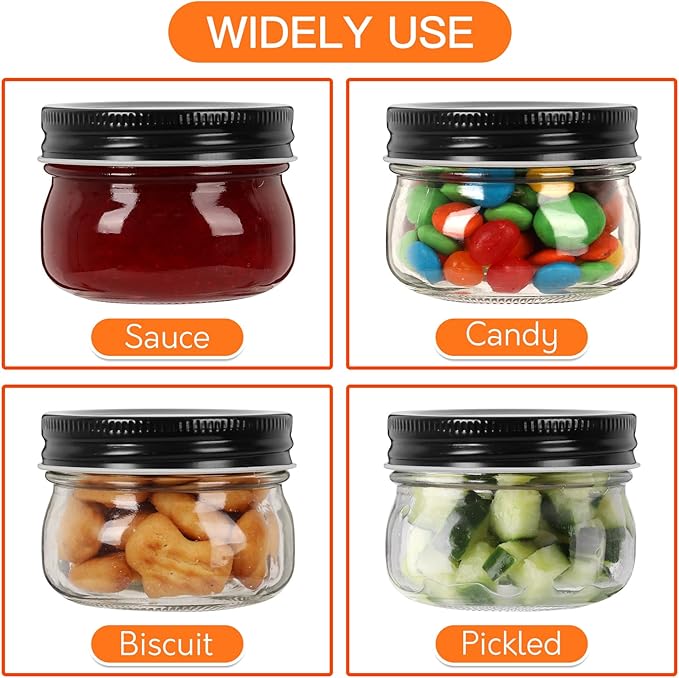 4 oz Mason Jars With Black Lid, 24 Pack Regular Mouth Canning Jars for Jam, Honey, Yogurt, Spices, Snacks, DIY Projects, Wedding Favors- Includes 30 Stickers