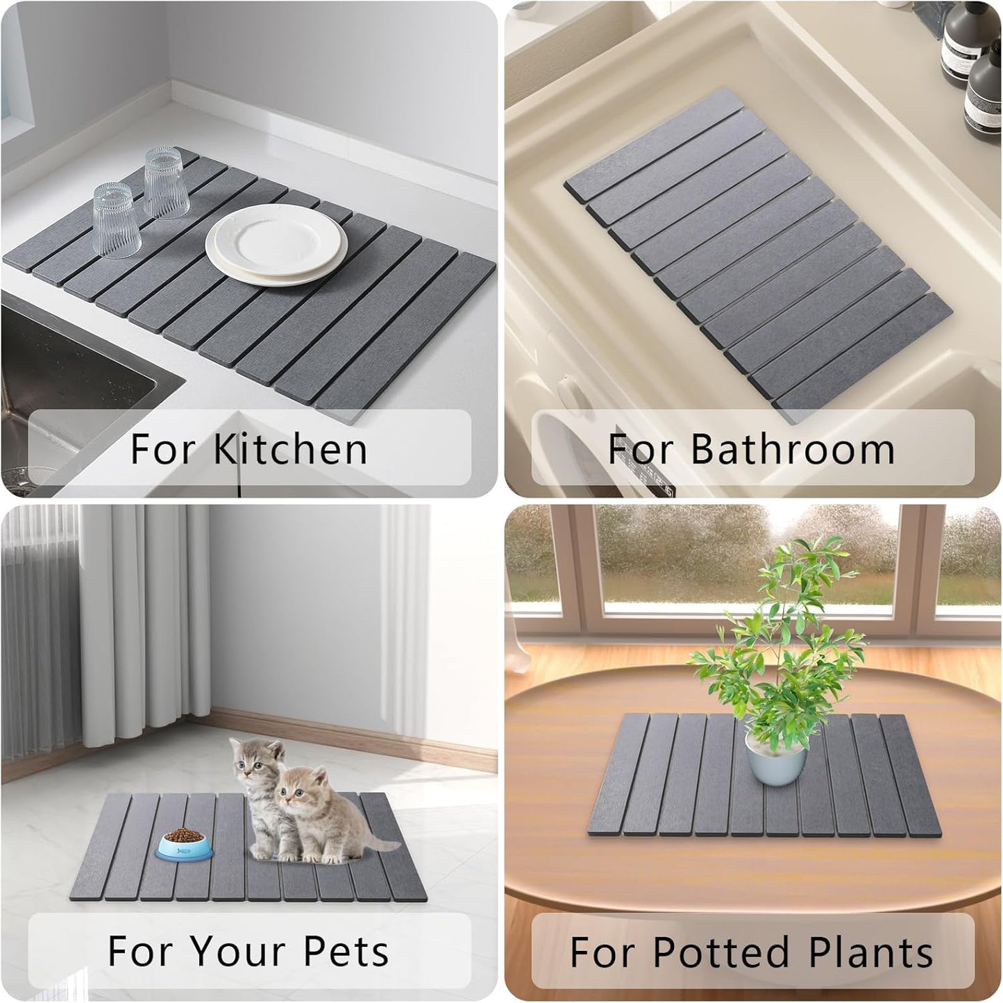 Large Stone Drying Mat for Kitchen Counter, 24''L x 16''W Diatomaceous Earth Collapsible Dish Drying Mat, Quick Drying Mat for Dishes, Bottles and Cups, Matches Any Countertop (Dark Gray)