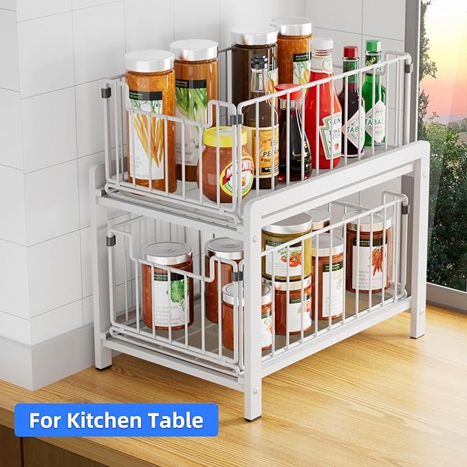 2 Tier Sliding Basket Drawer Organizer, Pull Out Under Sink Cabinets Organizers, Metal Home Shelf for Bathroom or Kitchen, Sliding Countertop or Pantry Storage Shelf, Large White