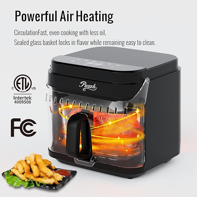 5.8QT Glass Air Fryer, Borosilicate Glass Basket, Non-Toxic BPA & Teflon Free, 8 Presets, Infrared Heating, Flip-Up Safety Shield, Oil-Free Cooking, Easy Clean for Small Homes