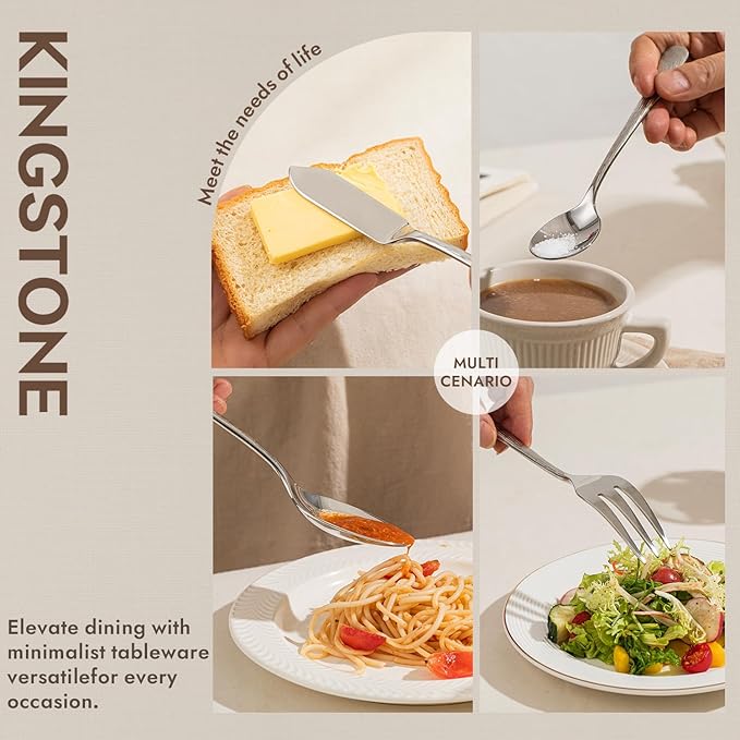 KINGSTONE Hammered 5-Piece Serving Utensil Set, 18/10 Stainless Steel Flatware for Catering, Party Include Spoons, Slotted Spoon, Fork, Butter Knife - Mirror Finish & Dishwasher Safe