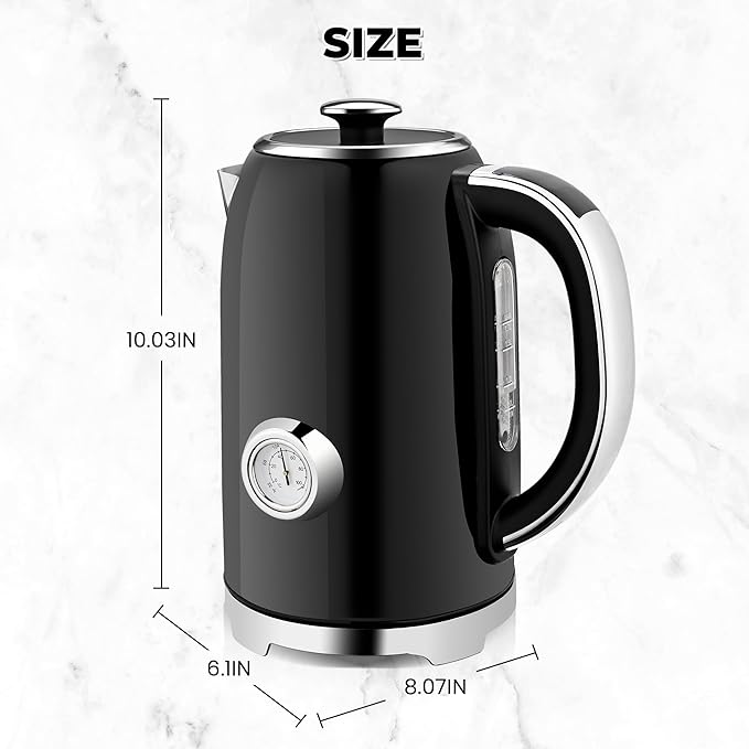 SUSTEAS Electric Kettle Temperature Control - 57oz Hot Water Boiler with Thermometer, 1500W Fast Heating Stainless Steel Tea Kettles, Cordless LED Indicator, Auto Shut-Off & Boil Dry Protection,Black