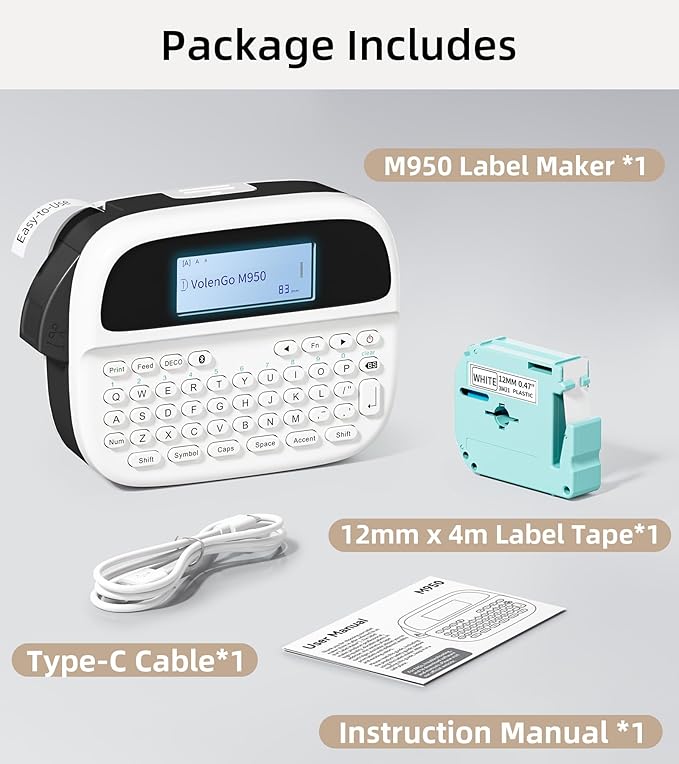Label Maker Machine with Tapes, Label Maker Waterproof-Labels, Rechargeable Bluetooth Labeler, Portable Labeling Machine with Backlit LCD, M950 Handheld Label Printer for Office Home Use