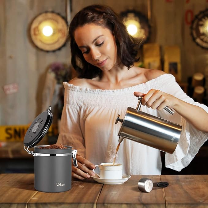 Veken Coffee Canister, Airtight Stainless Steel Kitchen Food Storage Container with Date Tracker and Scoop for Beans, Grounds, Tea, Flour, Cereal, Sugar, Cookies Jars, 16OZ Gray