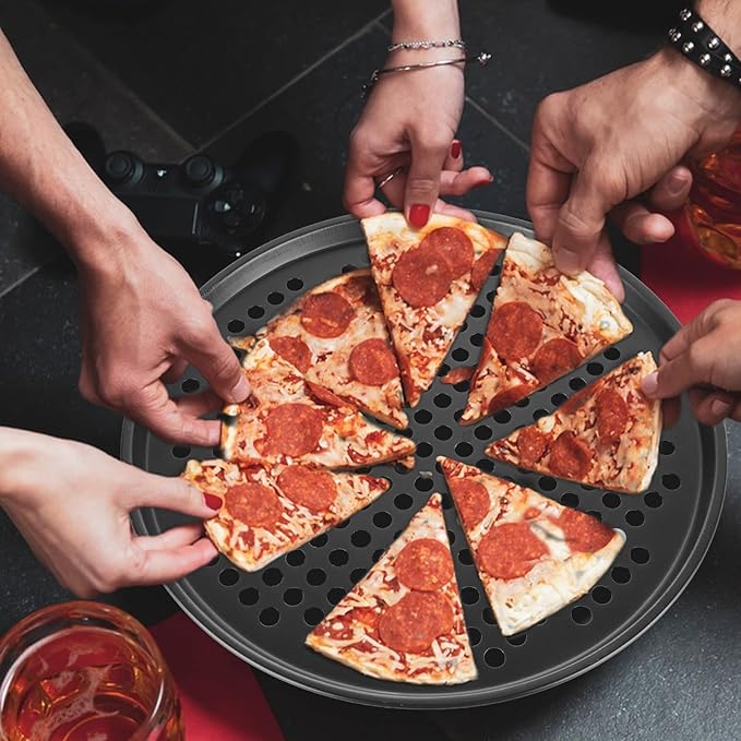 6PCS Pizza Pan with Holes 12 inch Round Pizza Pan Set Nonstick Pizza Baking Pan Carbon Steel Pizza Tray Black Pizza Crisper Pan for Home Baking Kitchen