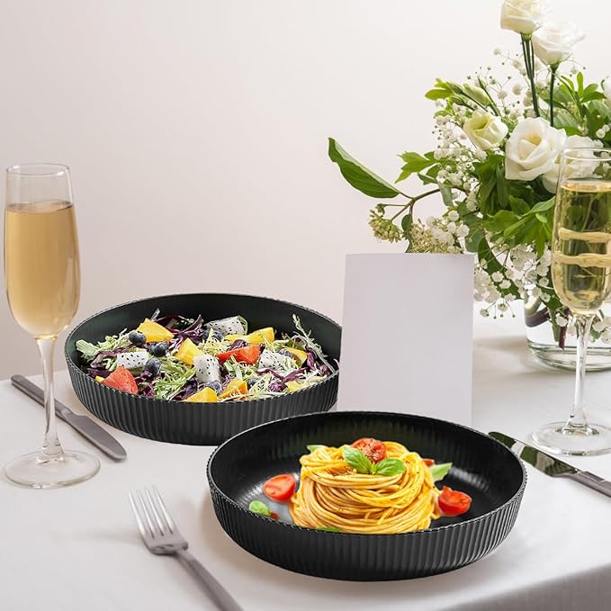 Kyraton Pasta Bowls Set of 4, 37oz Salad Bowls Soup Bowls Large Pasta Serving Bowl Plastic Unbreakable Serving Dishes Dinner Bowls (Black)