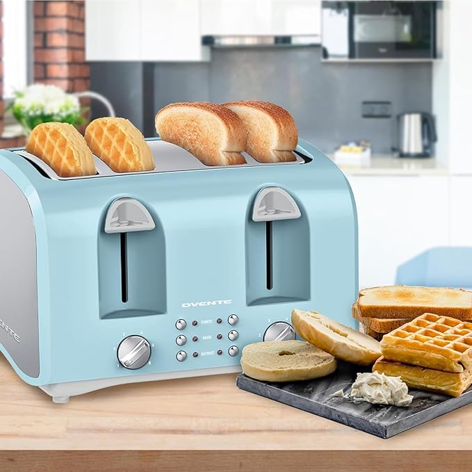 OVENTE Electric 4-Slice Toaster Machine with 6-Shade Selector Setting, Cancel Button, Defrost Function, Crumb Tray, 1400W Power and Wide Slots for Bagels, Waffles and Puff Pastry, Light Blue TS4410LBL