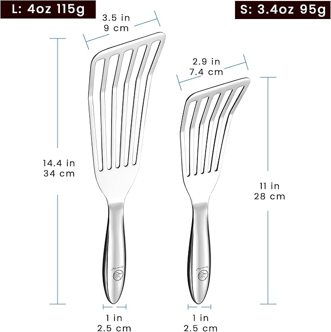 Stainless Steel Fish Spatula Set – 1 Large Fish Turner + 1 Small Metal Spatula, Ultra Thin Edge for Easy Turning & Flipping, Metal Kitchen Untensils with Ergonomic Non-Slip Handle, Dishwasher Safe