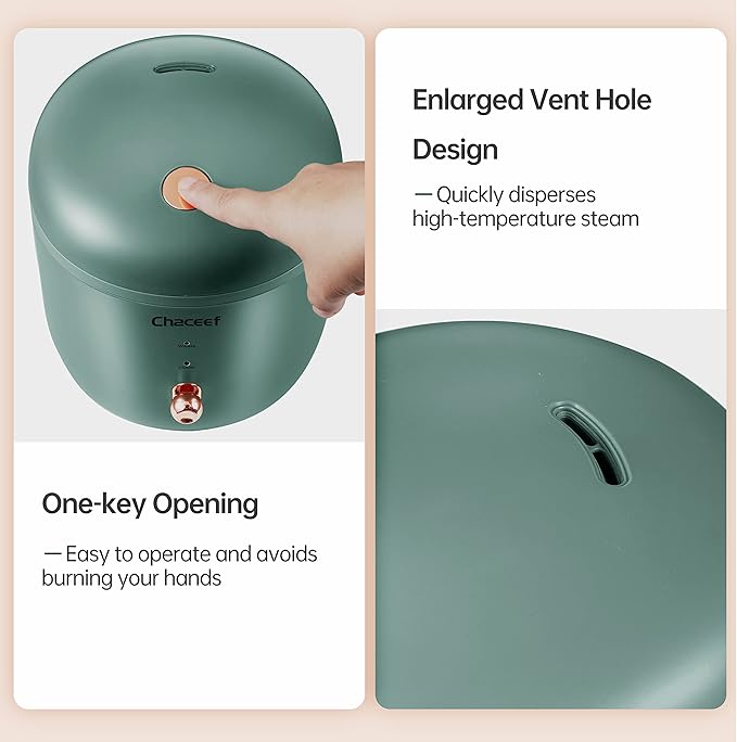 CHACEEF Mini Rice Cooker 2 Cups Uncooked, 1.2L Rice Cooker Small with Non-stick Pot, Portable Travel Rice Maker with One Touch & Keep Warm Function, White Rice, Brown Rice, Oatmeal, Green