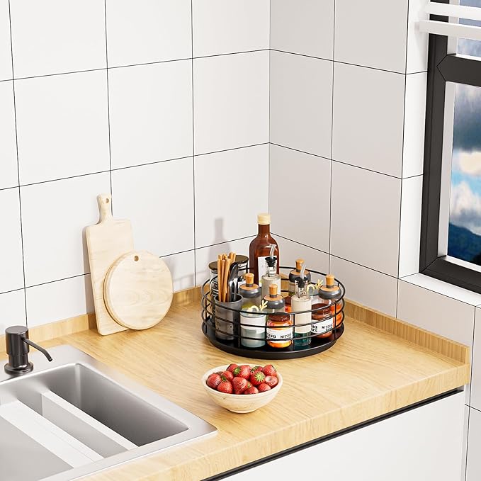 Snack Organizer - Versatile Snack Storage, Lazy Susan with Convenient Grab-and-Go Design, Metal Snack Holder for Home, Office, Breakroom, 10.85" L x 10.85" W x 5" H (Matte Black)