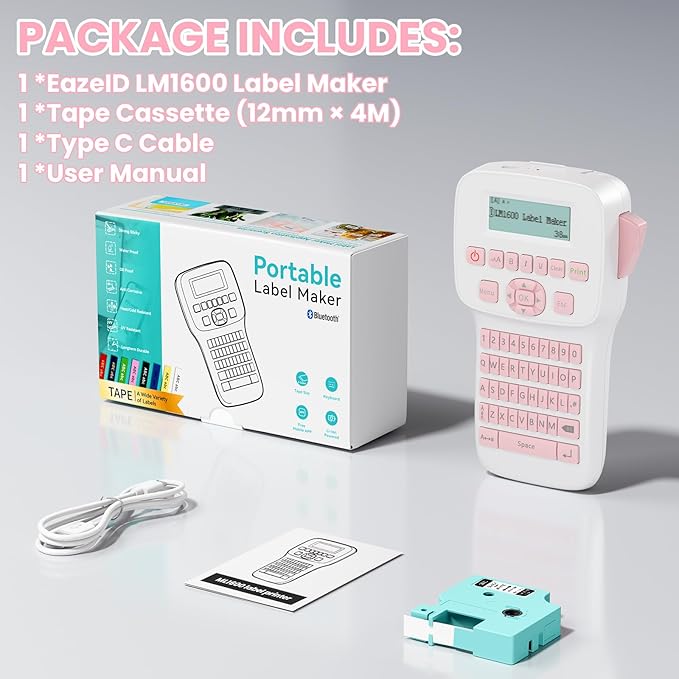 Pink Label Maker Machine with-Tape, Rechargeable Label Maker with Keyboard, Bluetooth Labeler Machine LM1600, Backlit Display, Multiple Symbol Icon Style Templates for Home Office Use