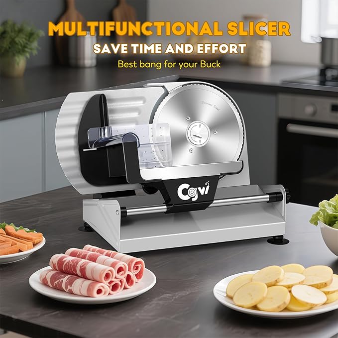 CGOLDENWALL Meat Slicer, 220W Electric Deil Food Slicer with 2 Removable 7.5" Blades, 4/5" Adjustable Thickness, Food Slicer Machine for Home Cutting Meat Cheese Bread Vegetables, 110V CE