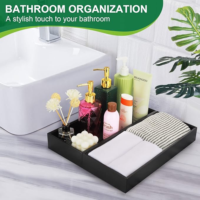 Bamboo Kitchen Drawer Organizer - Set of 2, Stackable Utensil Organizers, Wooden Storage Box Tray for Cabinet, Pantry, Bathroom Countertop, Multi-use Organization and Storage (Black)