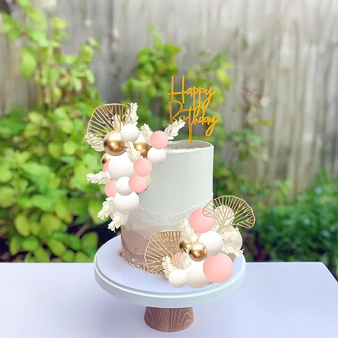 Gyufise 57Pcs Balls Cake Topper Boho Grass Cake topper Pearl Balls Acrylic Happy Birthday Cake Decorations for Wedding Baby Shower Birthday Boho Themed Party Supplies Pink