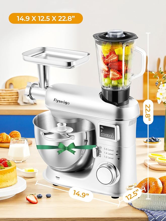 Stand Mixer 8-IN-1 8.5 Qt 2000W Multifunctional Fermentation Electric Kitchen Mixer 6 Speed Tilt-Head with Stainless Steel Bowl, 1.5L Glass Jar Meat Grinder Dough Hook Whisk Pasta Attachment