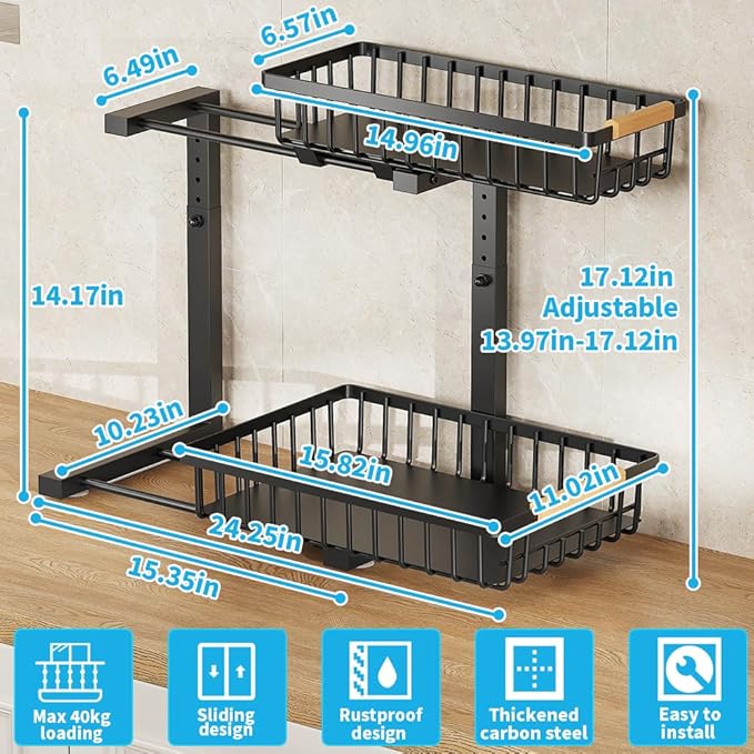 Under Sink Organizer, 2 Tier Metal Under Sink Organizers and Storage, Height Adjustable Slide out Pull out Cabinet Organizer for Kitchen Bathroom