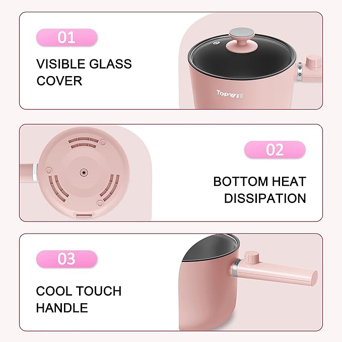 Topwit Hot Pot Electric, 1.5L Ramen Cooker, Portable Non-Stick Frying Pan, Electric Pot for Pasta, Steak, BPA Free, Electric Cooker with Dual Power Control, Over-Heating & Boil Dry Protection, Pink