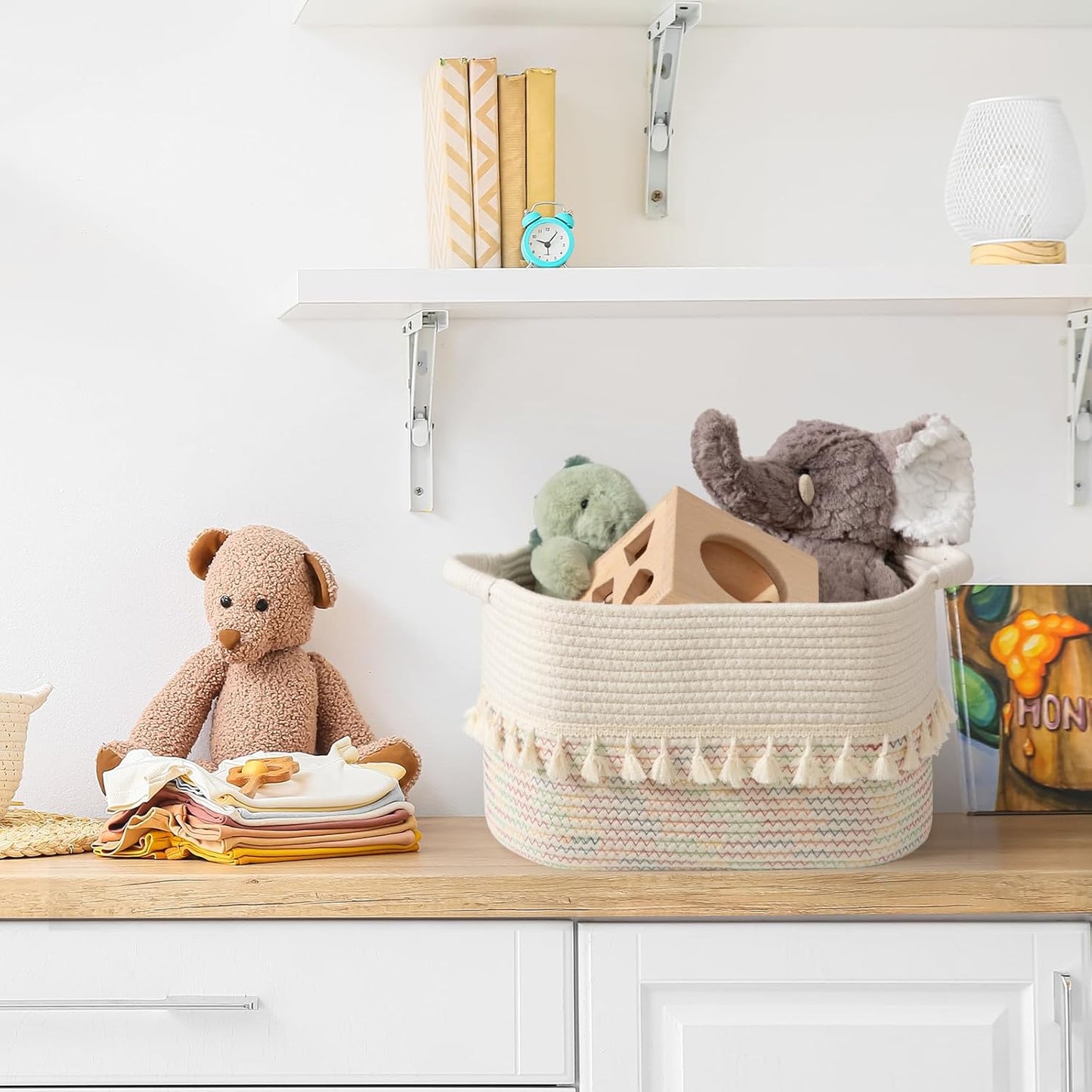 TeoKJ Woven Baskets for Storage, Set of 3 Cotton Rope Basket with Handle for Decor and Storage, Cute Baskets for Organizing in Classroom, Kitchen, Bathroom, White & Stitches Rainbow