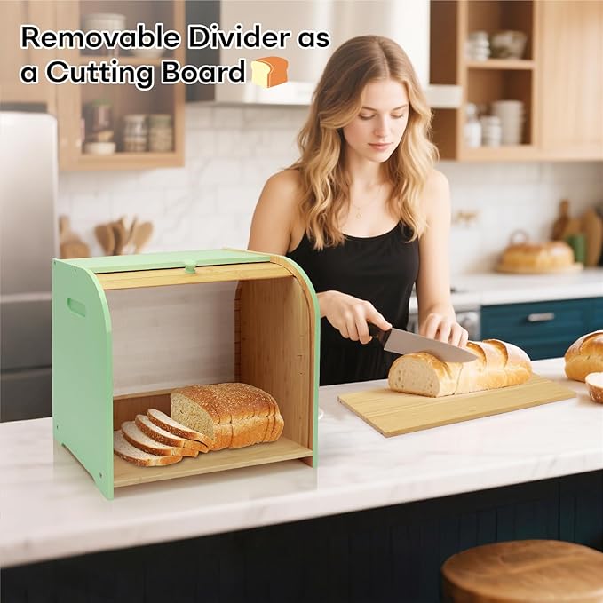 Bread Box for Kitchen Countertop, Double Layer Bamboo Bread Storage Container for Homemade Bread, Roll Top Bread Box with 3 Adjustable Height for Kitchen Counter, Cyan Breadbox Organizer