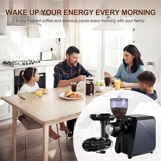 Cold Press Juicer Extractor Fruit Vegetable, Electric Coffee Grinder Burr Fine Coarse Grind for Beans Nuts, Celery Beet Carrot Wheatgrass Ginger Slow Juicer Machines Quiet BPA Free Easy To Clean