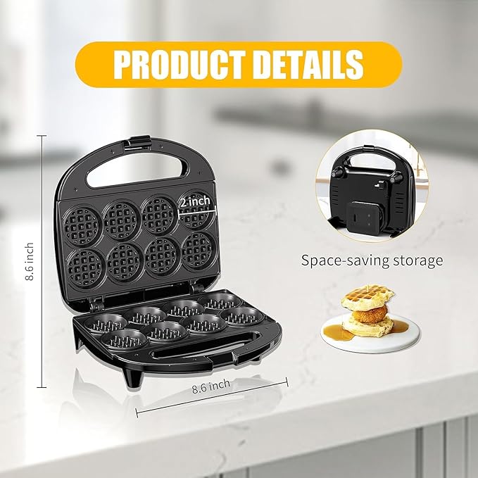 OSTBA Mini Waffle Maker, 8 * 2 inch Belgian Waffle Iron, 750W Non-Stick Electric Waffle Machine for Breakfast, Easy to Clean, Compact for Kids & Family Use