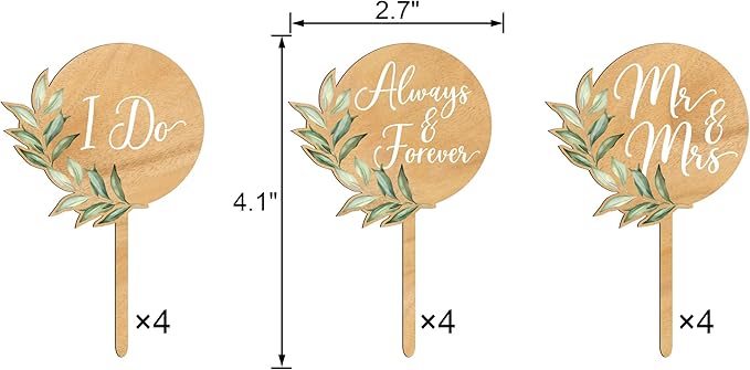 12 PCS Greeny Wedding Cupcake Toppers in Wood Mr & Mrs Engagement Cupcake Decorations