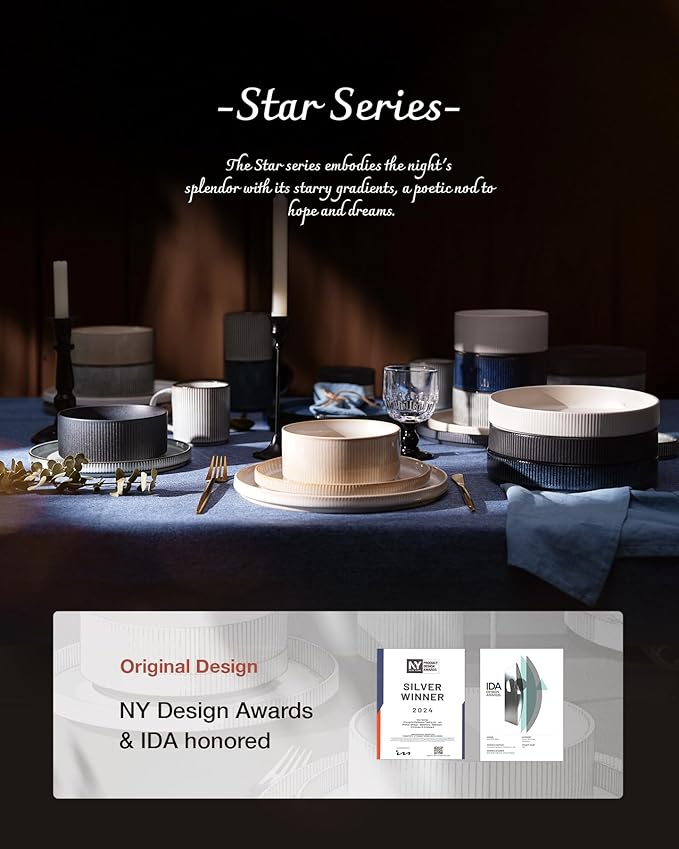 famiware Star 7.5" Pasta Bowls Set, Salad Bowl Set of 6, Double Reactive Glaze, Stackable, Perfect for Your Friend for Housewarming, Thanksgiving, Christmas, Matte White (Full Glaze)