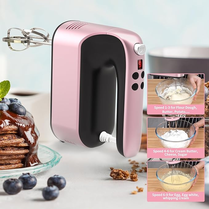 9-Speed Digital Hand Mixer Electric, 400W Powerful DC Motor, Baking Mixer Handheld with Snap-On Storage Case, 5 Stainless Steel Accessories, Flat Beaters, Dough Hooks, Whisk (Rose Gold)