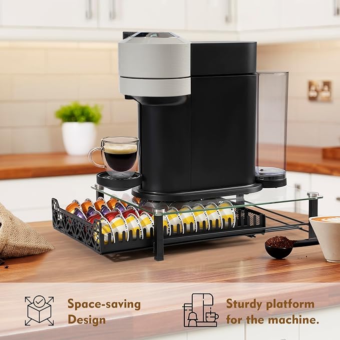 RECAPS Crystal Tempered Glass Coffee Pod Drawer Organizer Compatible with Nespresso Vertuo, Hold up to 50 Small or 40 Big Vertuo Pods or 26 K-cup Pod,Sliding K Cup Drawer for Countertop